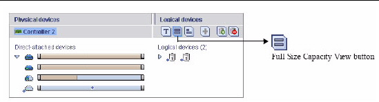 Figure highlights the Full Size Capacity View button in the Logical devices part of the screen.