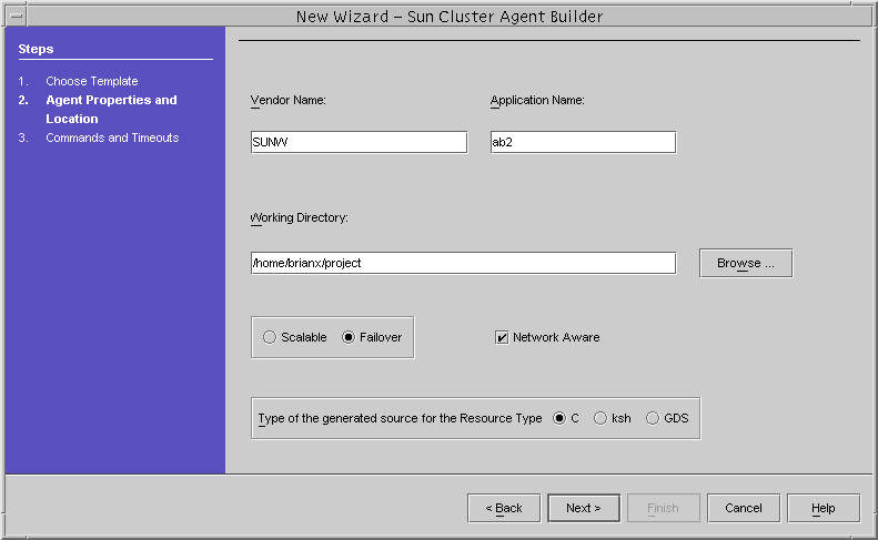 Dialog box that shows the New Wizard Sun Cluster Agent Builder screen after information has been entered