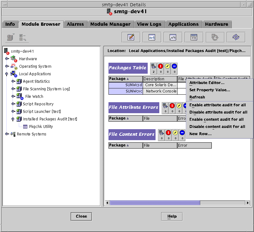 Module browser with Packages Table and menu. The context describes the graphic.