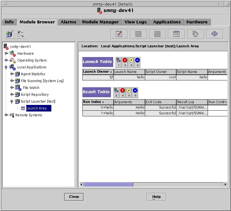 Module browser with Script Launcher and tables. The context describes the graphic.