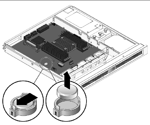 Figure showing how to remove the clock battery from the motherboard.