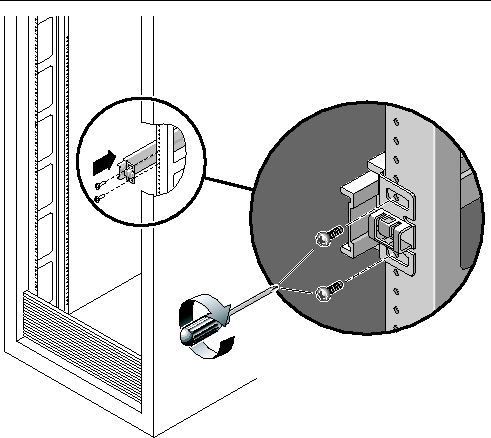 Image showing two screws attaching the front of a slide rail to the front of a rack post rail. 