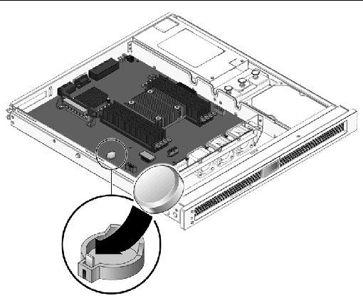 Figure showing how to replace the clock battery on the motherboard.