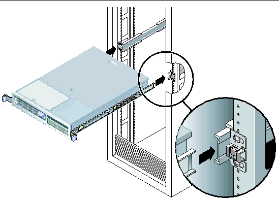 Image showing the mounting rails on the server fitting into the slide rails in the rack