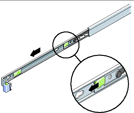 Image showing the plastic slide rail lock located in the middle of the mounting bracket. 