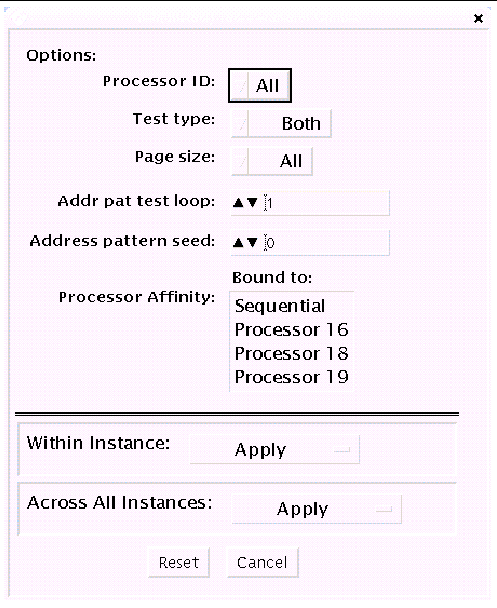 Screenshot of the dtlbtest Test Parameter Options dialog box