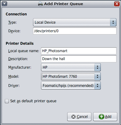 Graphic of the Add Printer Queue dialog that contains
preconfigured settings for a new directly attached or new network-attached
printer.