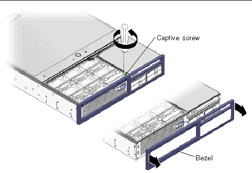 Figure showing how to remove the bezel from the server chassis.