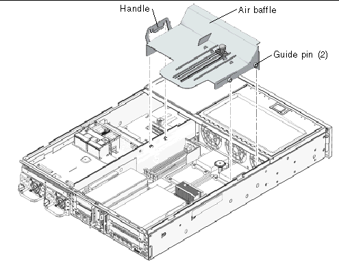 Figure showing air baffle, handle, and guide pins.