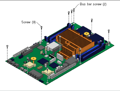 Figure showing the location of the screws that secure the motherboard assembly to the chassis.