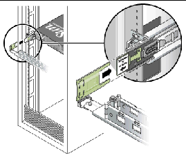 Graphic showing CMA arm connector being inserted into the CMA rail extension connector on the left slide-rail.