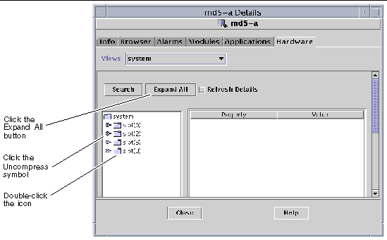 Screen capture of the Details window, showing choices for expanding or uncompressing icons. 