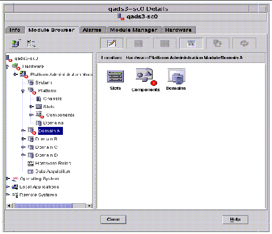 Screen capture of the Module Browser tab in the Details window, showing domain tables for Domain A.