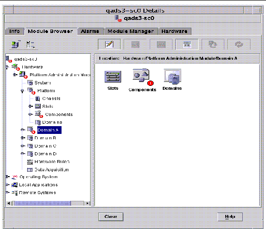 Screen capture of the Module Browser tab in the Details window, showing domain tables for Domain A.
