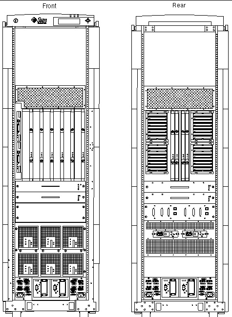 Front and rear view of a Sun Fire 6800 system cabinet