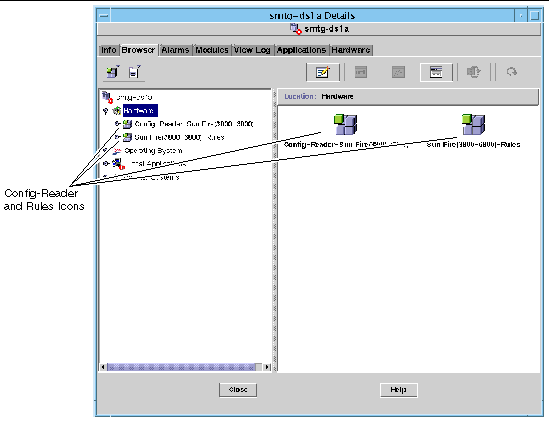 Screen capture of the Config-Reader and Rules icons in the Browser tab of the Details window. 