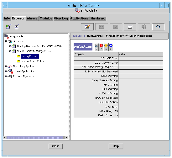 Screen capture of the Sun Fire 6800/4810/4800/3800 systems rules tables in the Browser tab of the Details window. 