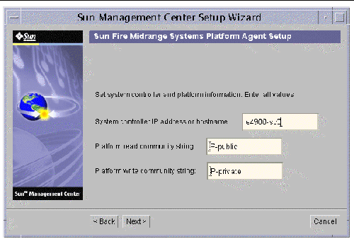 Screen capture of the Sun Management Center Setup Wizard, displaying the platform configuration panel. 