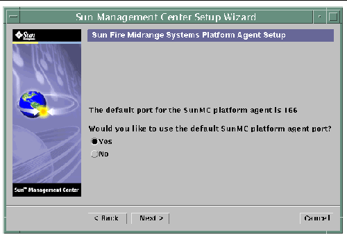 Screen capture of the Sun Management Center Setup Wizard, displaying the default platform port panel. 