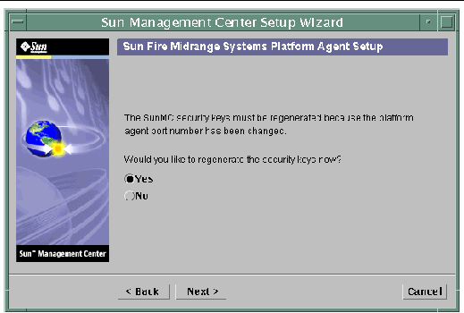 Screen capture of the Sun Management Center Setup Wizard, displaying the "generate security keys" panel. 