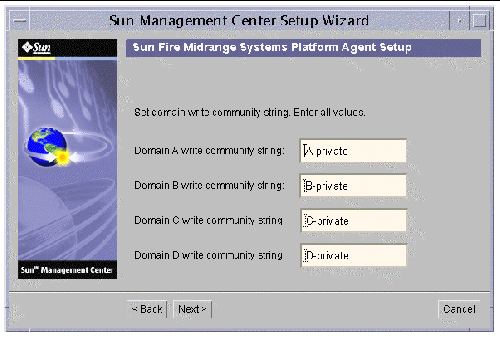 Screen capture of the Sun Management Center Setup Wizard, displaying the domain community configuration panel. 
