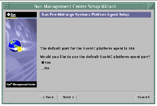 Screen capture of the Sun Management Center Setup Wizard, displaying the default platform port panel. 