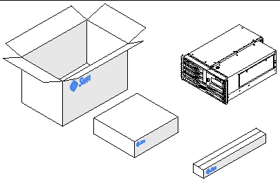 This illustration depicts the Sun Fire V490 server and the boxes used to unpack it. 