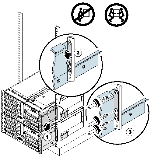 This illustration shows how to install a server into a populated 2-Post rack.