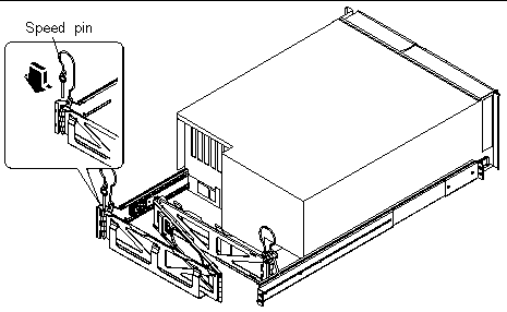 This figure shows how to attach the left side of the cable management arm to the hinged bracket on the left slide assembly using the speed pin.