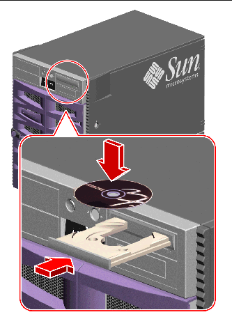 This figure shows where to load disc media in the Sun Fire V890 server.