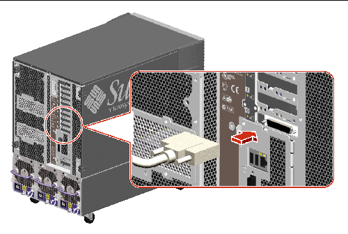 This illustration depicts the video port at the rear of the system highlighting a monitor video cable being installed into the graphic card's video port.