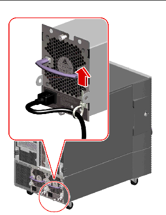 This illustration depicts a power cord installed and managed by a strain relief. An up arrow indicates the direction to tighten the tie wrap.