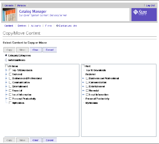 Copy or Move Categories page.