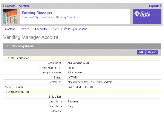 Details of a Vending Manager account