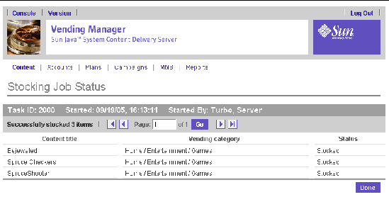 Stocking Job Status page showing recently stocked content items