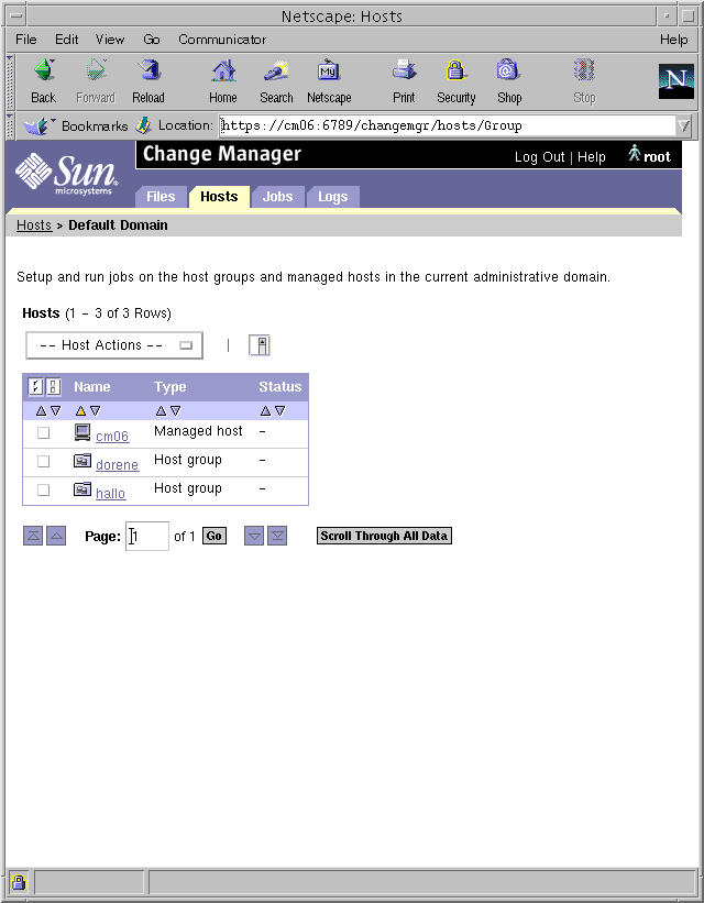 Screen capture showing a Change Manager Hosts page.