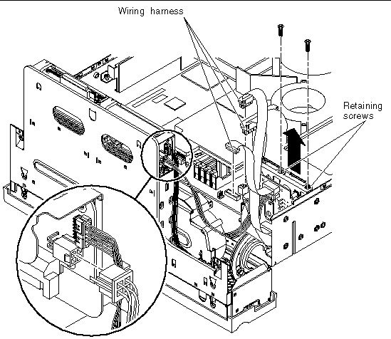 This figure shows the cables and connectors to be detached during the removal of the power distribution board.