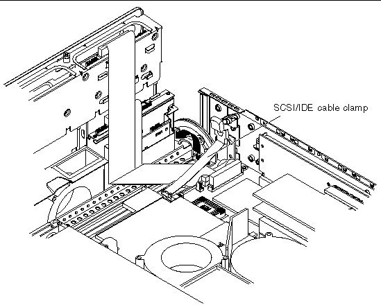 Figure showing how to lift the SCSI/IDE cable clamp.