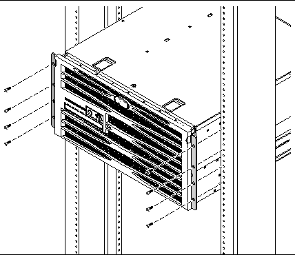 Figure showing how to secure the front hardmount brackets attached to the sides of the server to a rack.