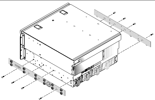 Figure showing how to secure the eight shoulder screws to the sides of the server.