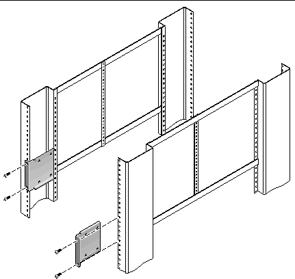 Figure showing how to attach the short brackets to the front of the rack.