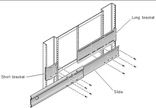 Figure showing how to secure the slide to the short and long brackets.