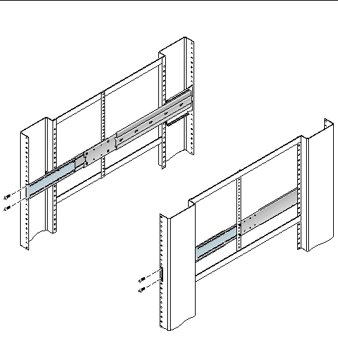 Figure showing long brackets extenders and slide assemblies being installed in the rack.