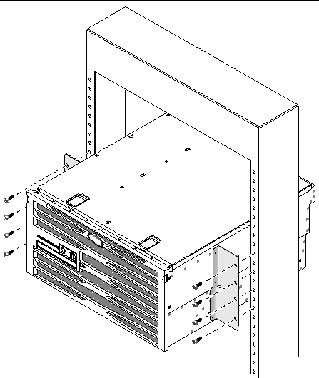 Figure showing how to secure the front hardmount bracket attached to the sides of the server to the front of the rack.