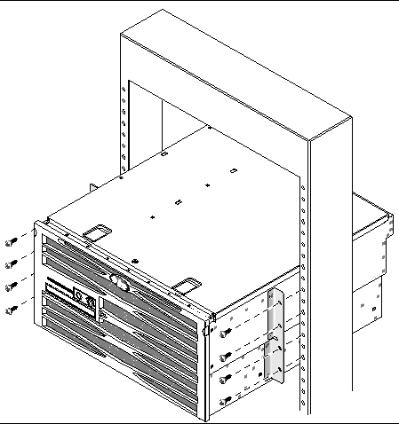 Figure showing how to secure the hardmount brackets attached to the sides of the server to the front of the rack.