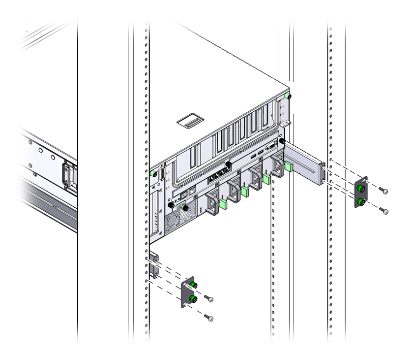 Figure showing how to secure the rear of the
server into a rack.