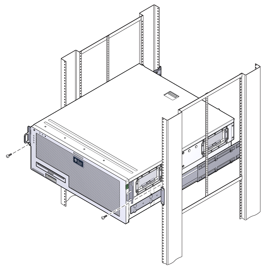 Figure showing where to secure the front of
the server to the rack.