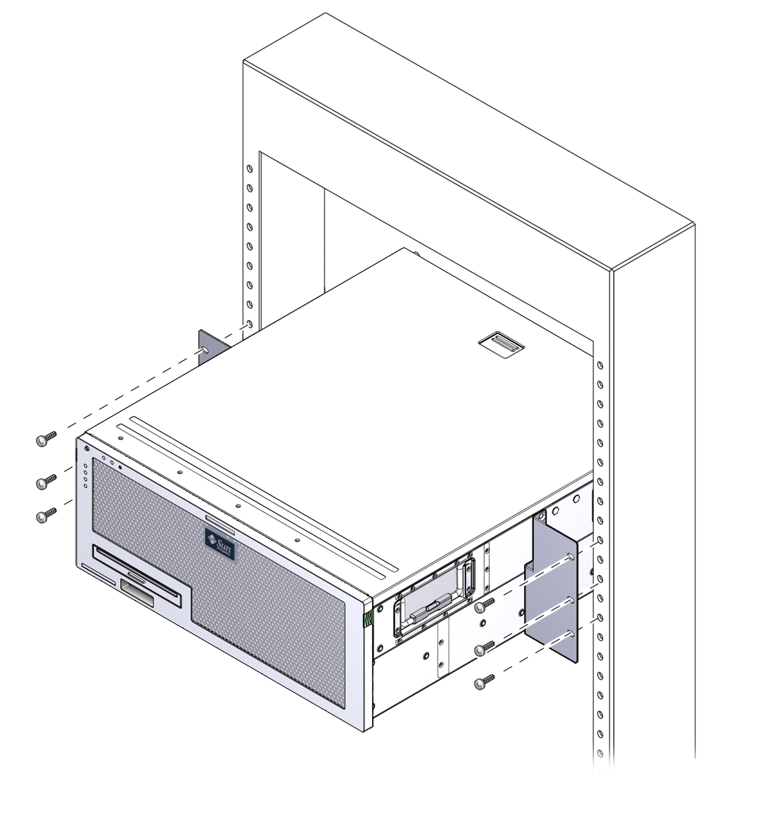 Figure showing how to secure the hardmount
brackets to the front of the rack.
