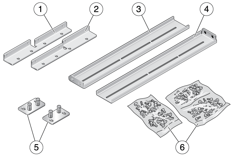 Figure showing the contents of the 19-inch
4-post hardmount rack kit.