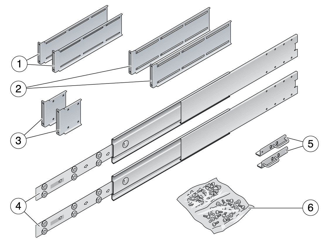 Figure showing the contents of the sliding
rail 19-inch 4-post kit.